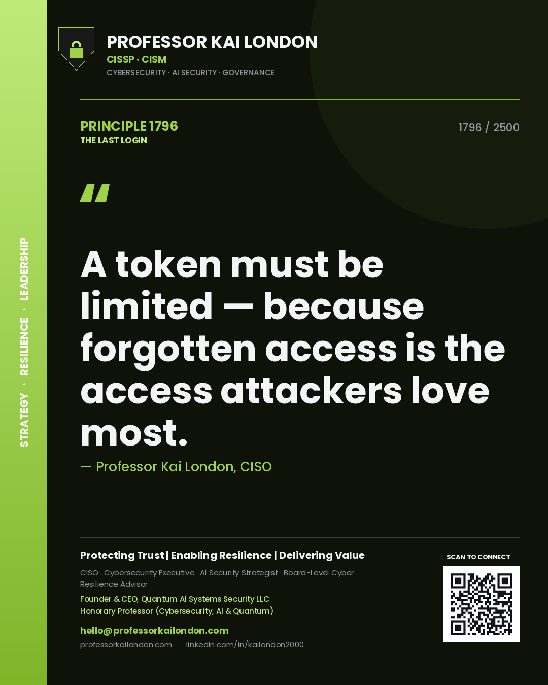Quote card by Professor Kai London reading 'A token must be limited — because forgotten access is the access attackers love most.'. From the book The Last Login.