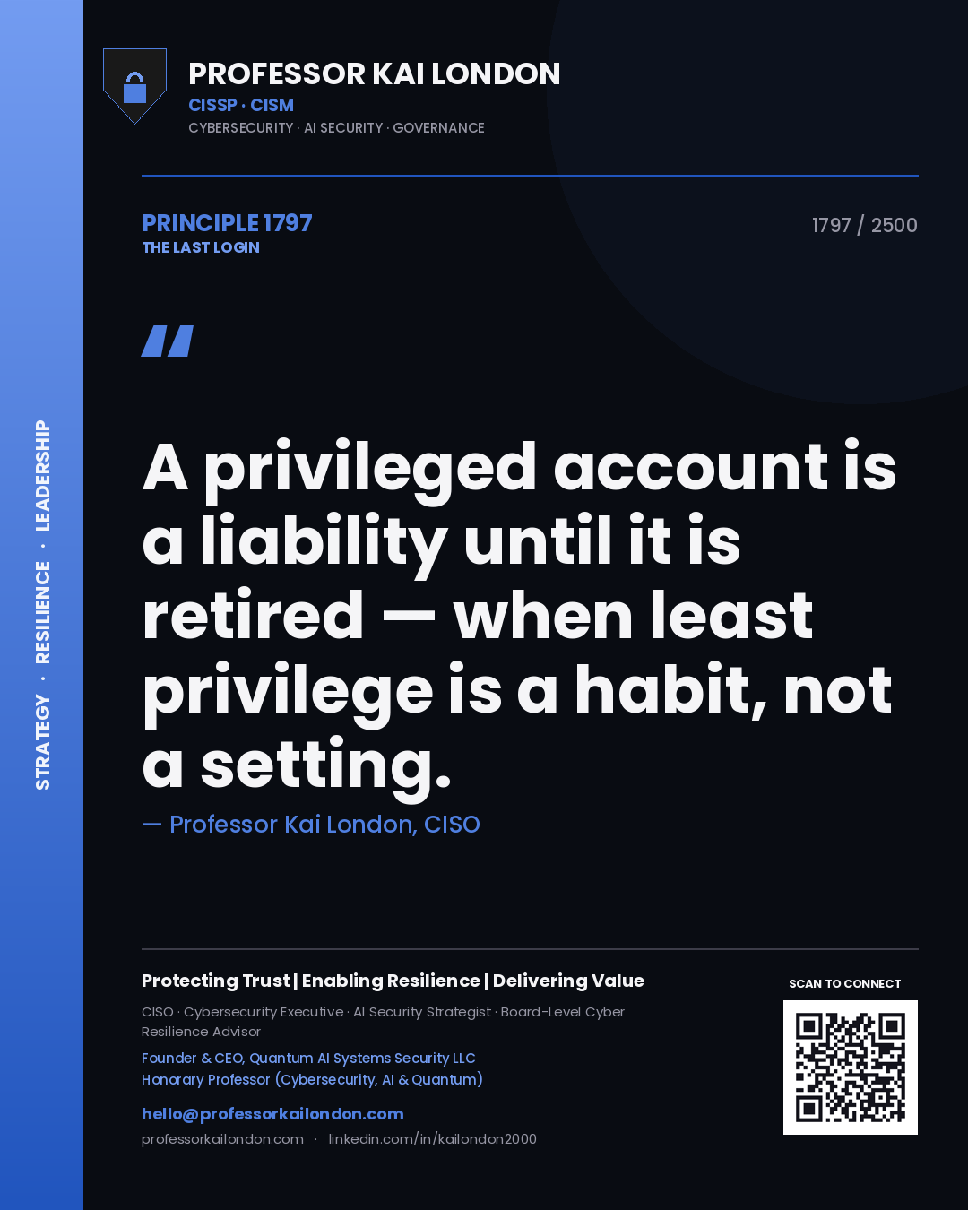 Quote card by Professor Kai London reading 'A privileged account is a liability until it is retired — when least privilege is a habit, not a setting.'. From the book The Last Login.