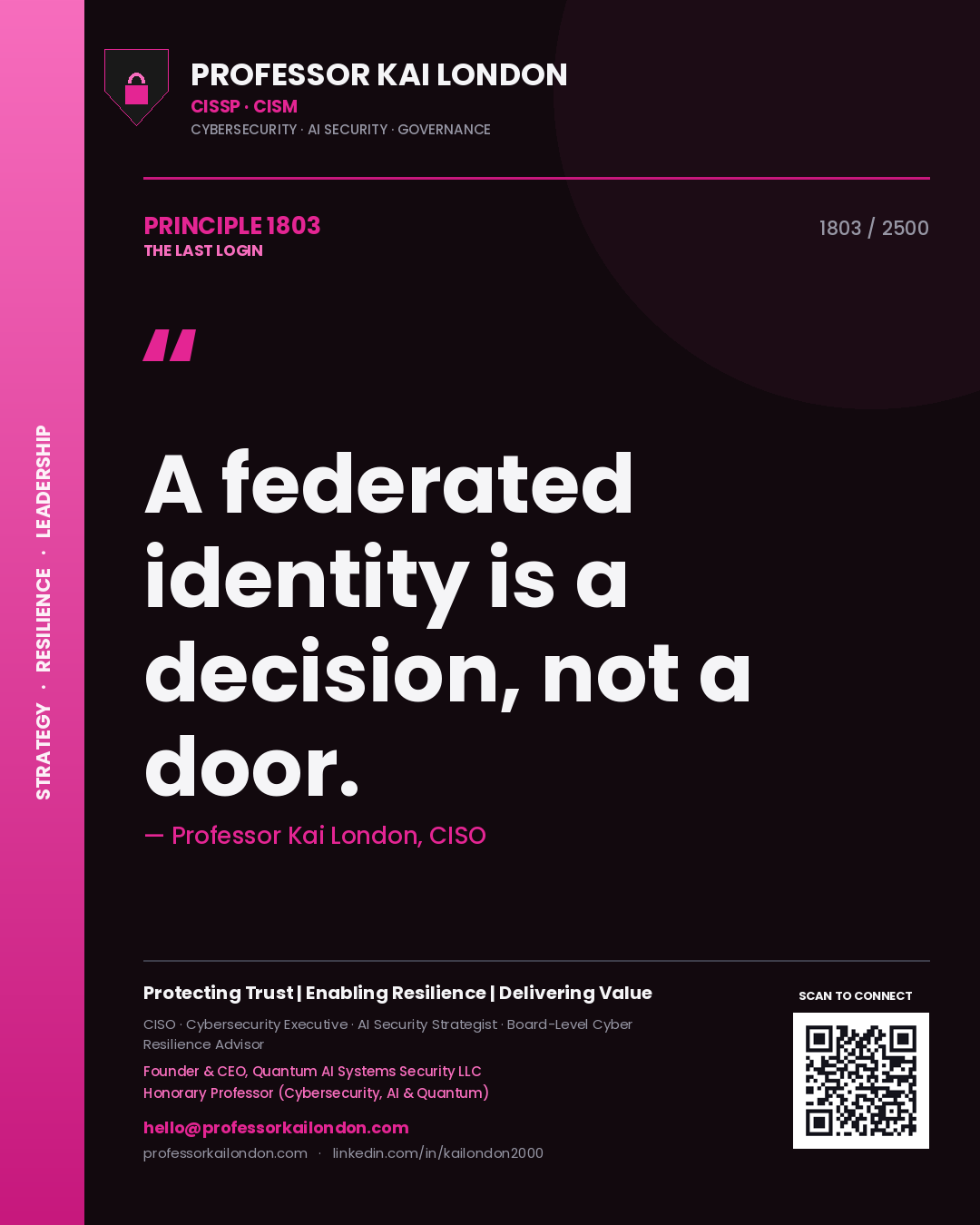 Quote card by Professor Kai London reading 'A federated identity is a decision, not a door.'. From the book The Last Login.