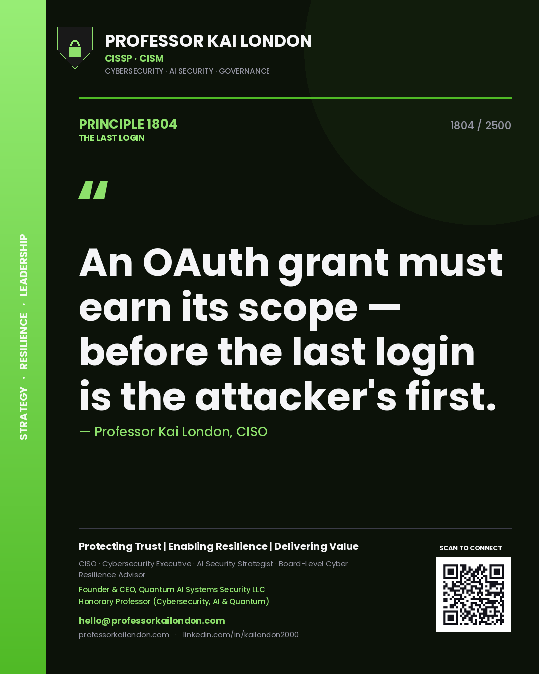 Quote card by Professor Kai London reading 'An OAuth grant must earn its scope — before the last login is the attacker's first.'. From the book The Last Login.