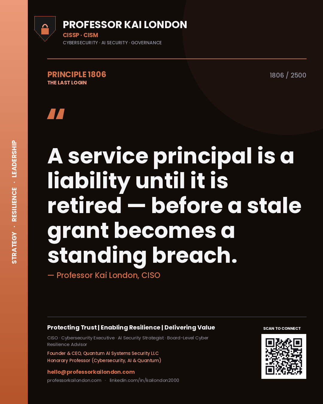 Quote card by Professor Kai London reading 'A service principal is a liability until it is retired — before a stale grant becomes a standing breach.'. From the book The Last Login.