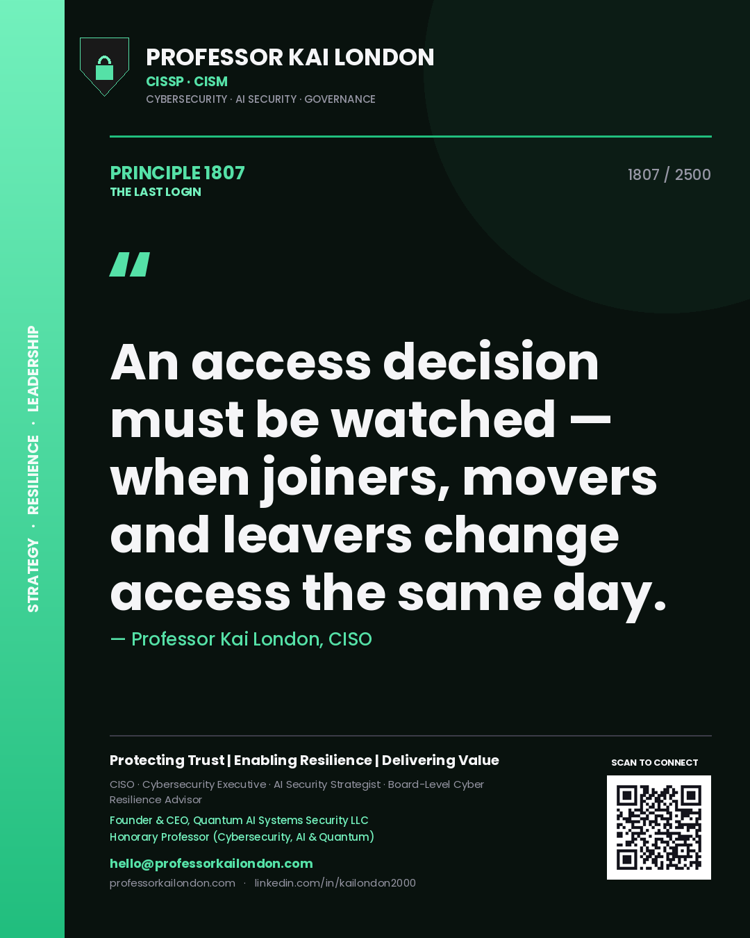 Quote card by Professor Kai London reading 'An access decision must be watched — when joiners, movers and leavers change access the same day.'. From the book The Last Login.