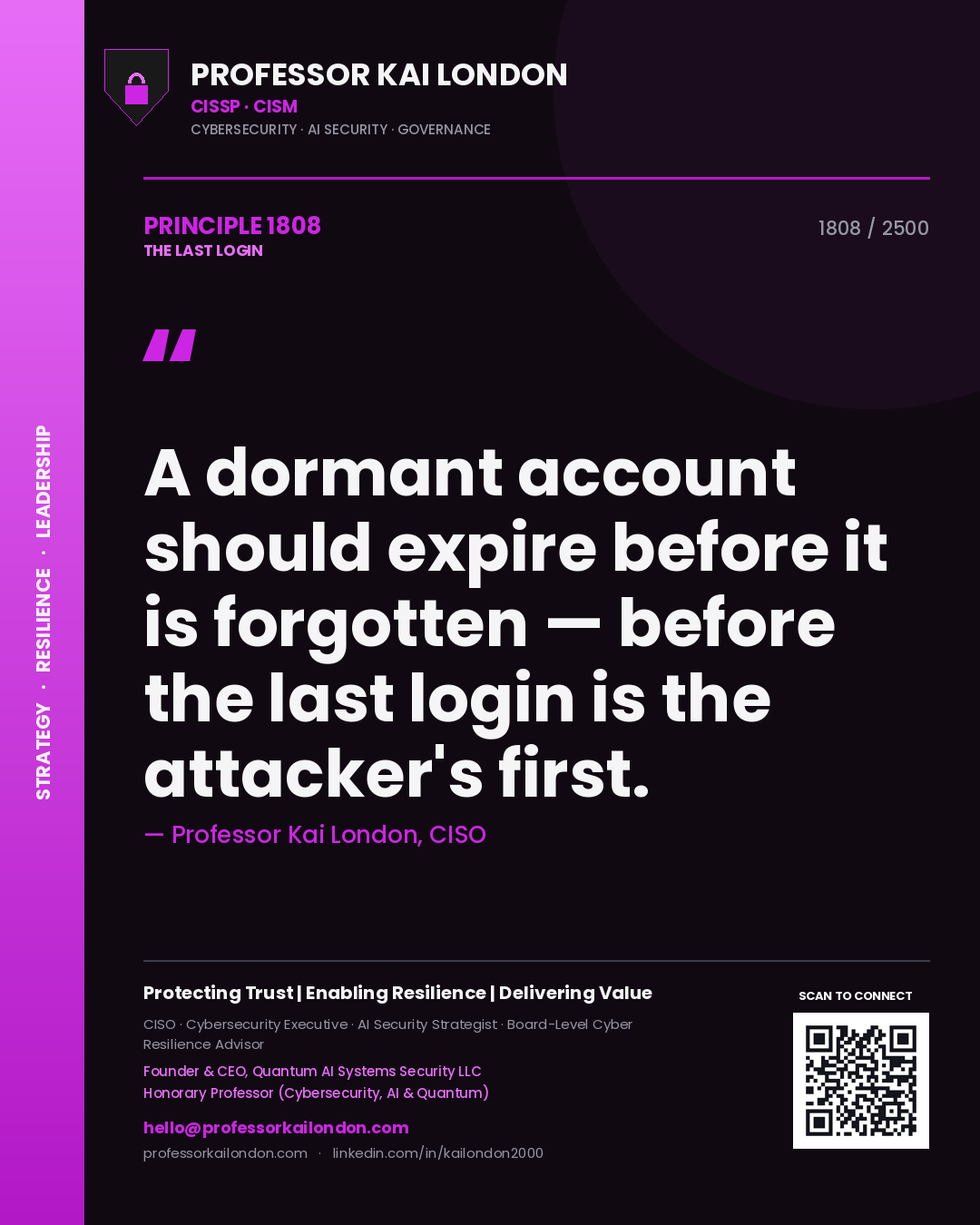 Quote card by Professor Kai London reading 'A dormant account should expire before it is forgotten — before the last login is the attacker's first.'. From the book The Last Login.