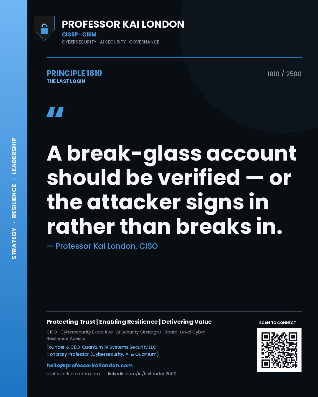 Quote card by Professor Kai London reading 'A break-glass account should be verified — or the attacker signs in rather than breaks in.'. From the book The Last Login.