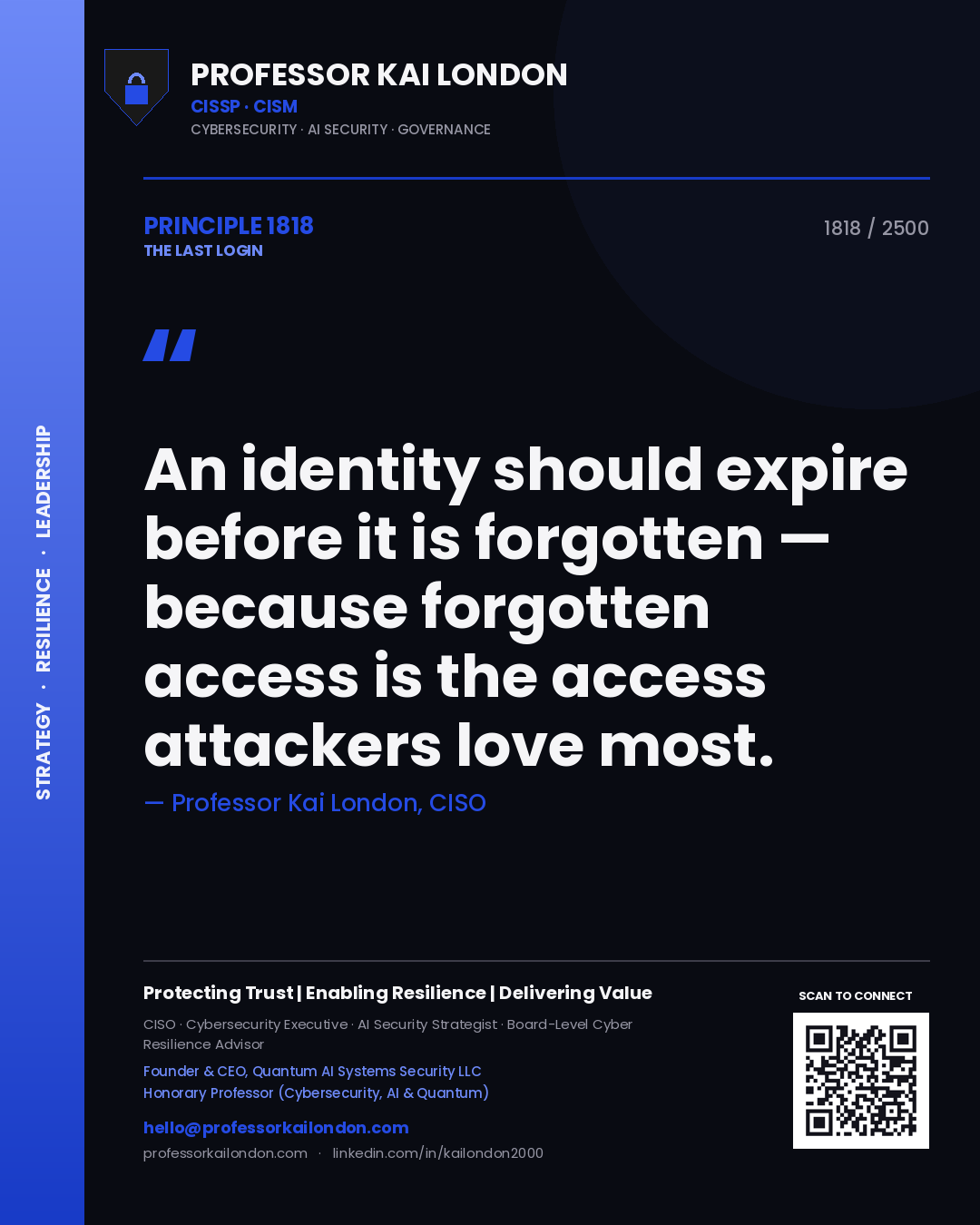Quote card by Professor Kai London reading 'An identity should expire before it is forgotten — because forgotten access is the access attackers love most.'. From the book The Last Login.