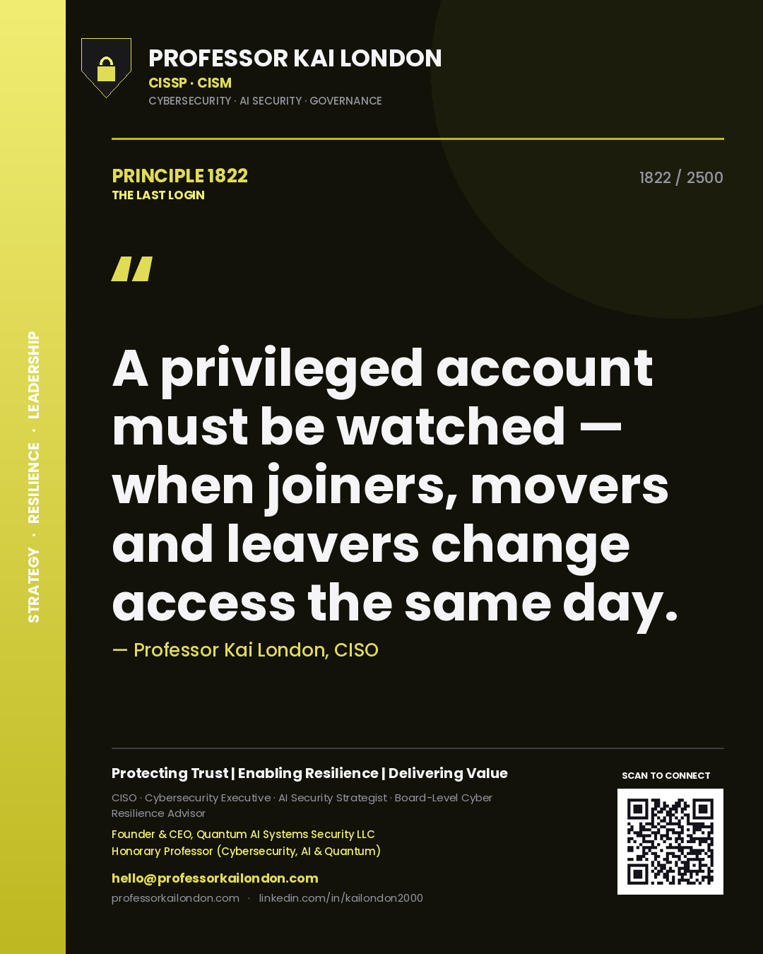 Quote card by Professor Kai London reading 'A privileged account must be watched — when joiners, movers and leavers change access the same day.'. From the book The Last Login.