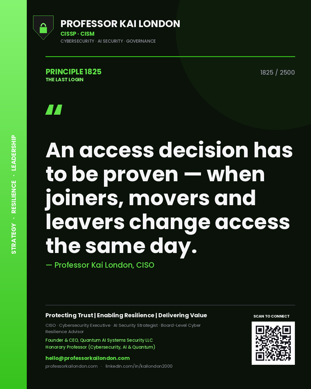 Quote card by Professor Kai London reading 'An access decision has to be proven — when joiners, movers and leavers change access the same day.'. From the book The Last Login.