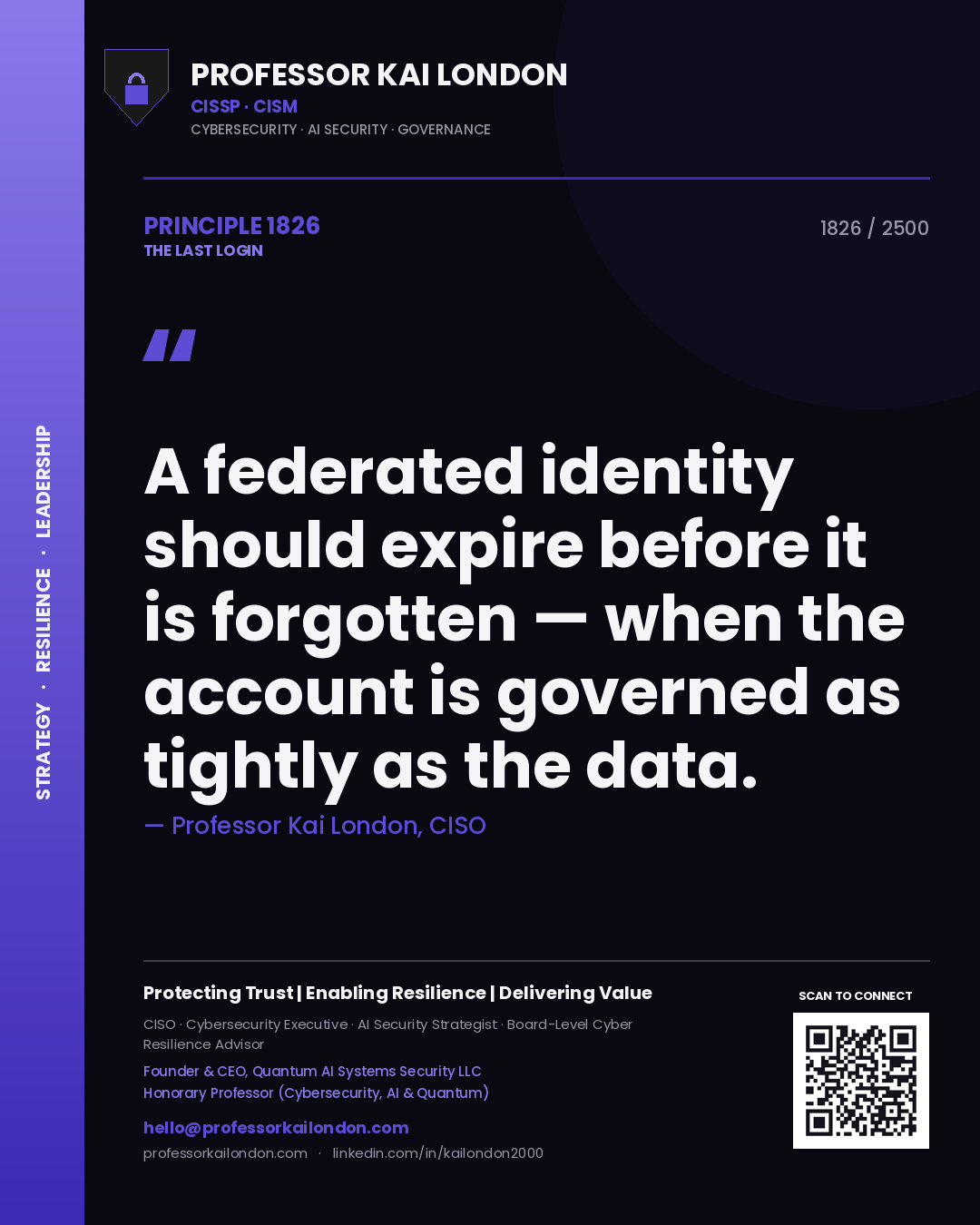 Quote card by Professor Kai London reading 'A federated identity should expire before it is forgotten — when the account is governed as tightly as the data.'. From the book The Last Login.