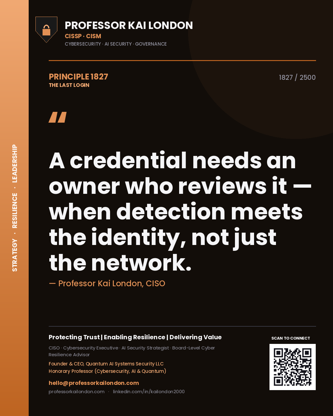 Quote card by Professor Kai London reading 'A credential needs an owner who reviews it — when detection meets the identity, not just the network.'. From the book The Last Login.