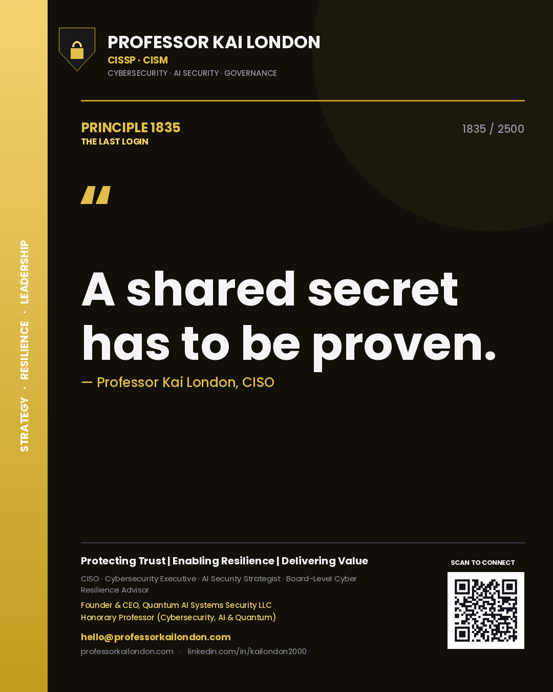 Quote card by Professor Kai London reading 'A shared secret has to be proven.'. From the book The Last Login.