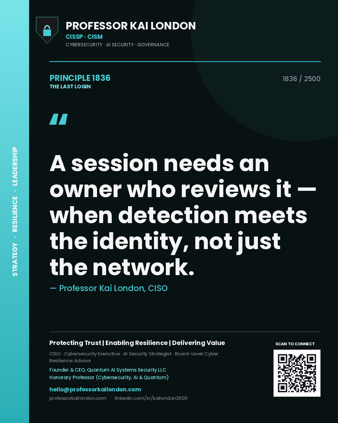 Quote card by Professor Kai London reading 'A session needs an owner who reviews it — when detection meets the identity, not just the network.'. From the book The Last Login.
