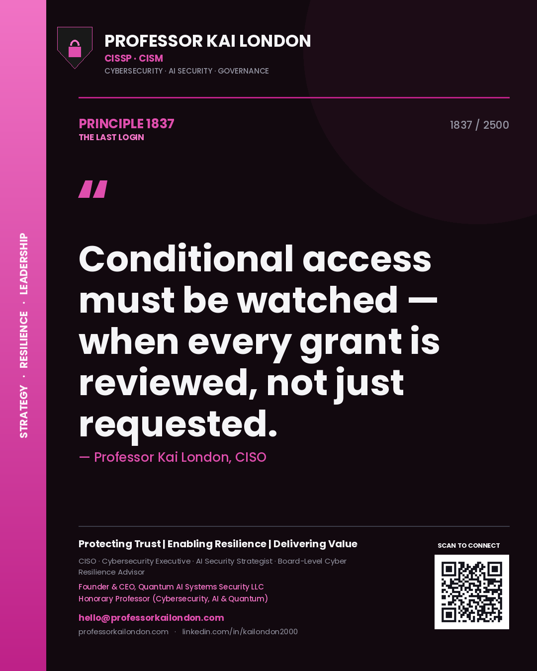 Quote card by Professor Kai London reading 'Conditional access must be watched — when every grant is reviewed, not just requested.'. From the book The Last Login.