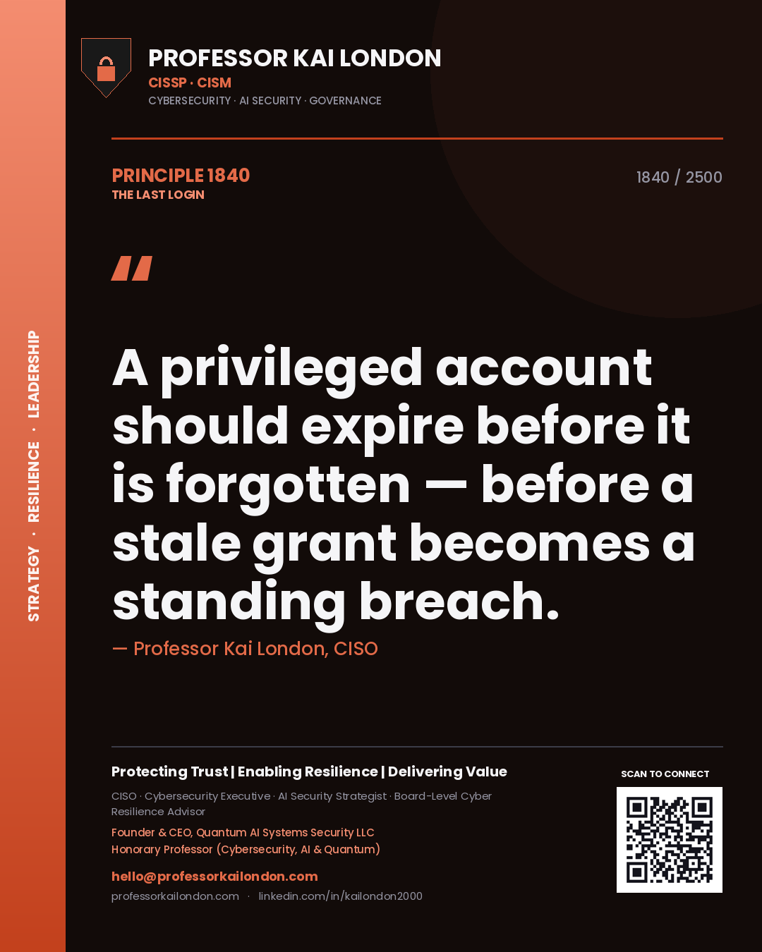 Quote card by Professor Kai London reading 'A privileged account should expire before it is forgotten — before a stale grant becomes a standing breach.'. From the book The Last Login.