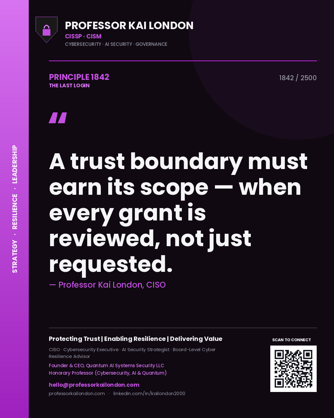 Quote card by Professor Kai London reading 'A trust boundary must earn its scope — when every grant is reviewed, not just requested.'. From the book The Last Login.