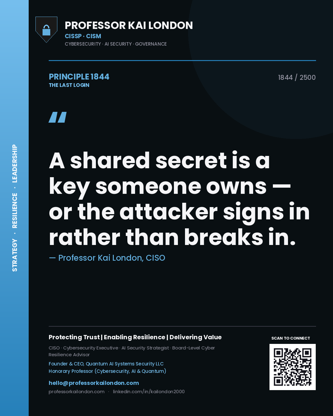Quote card by Professor Kai London reading 'A shared secret is a key someone owns — or the attacker signs in rather than breaks in.'. From the book The Last Login.