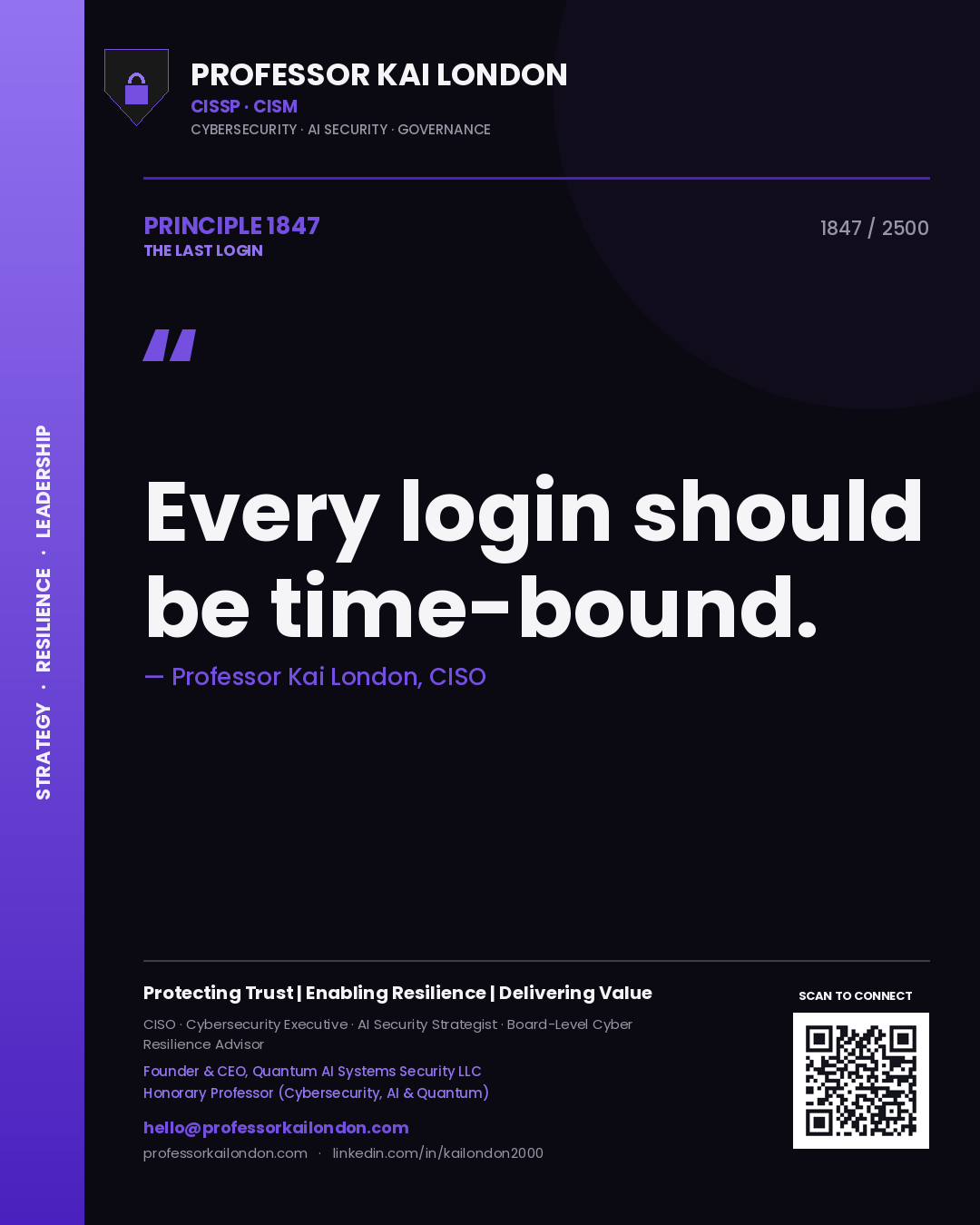Quote card by Professor Kai London reading 'Every login should be time-bound.'. From the book The Last Login.