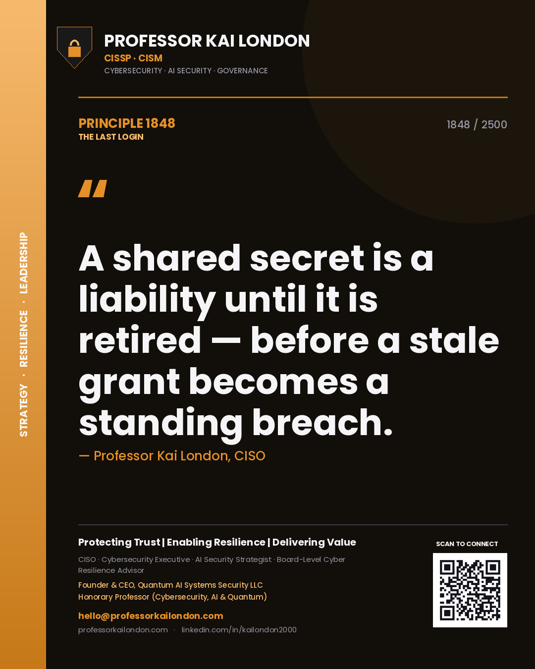 Quote card by Professor Kai London reading 'A shared secret is a liability until it is retired — before a stale grant becomes a standing breach.'. From the book The Last Login.