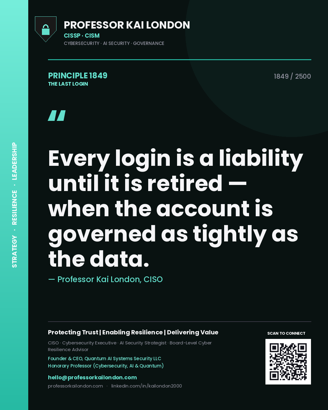 Quote card by Professor Kai London reading 'Every login is a liability until it is retired — when the account is governed as tightly as the data.'. From the book The Last Login.