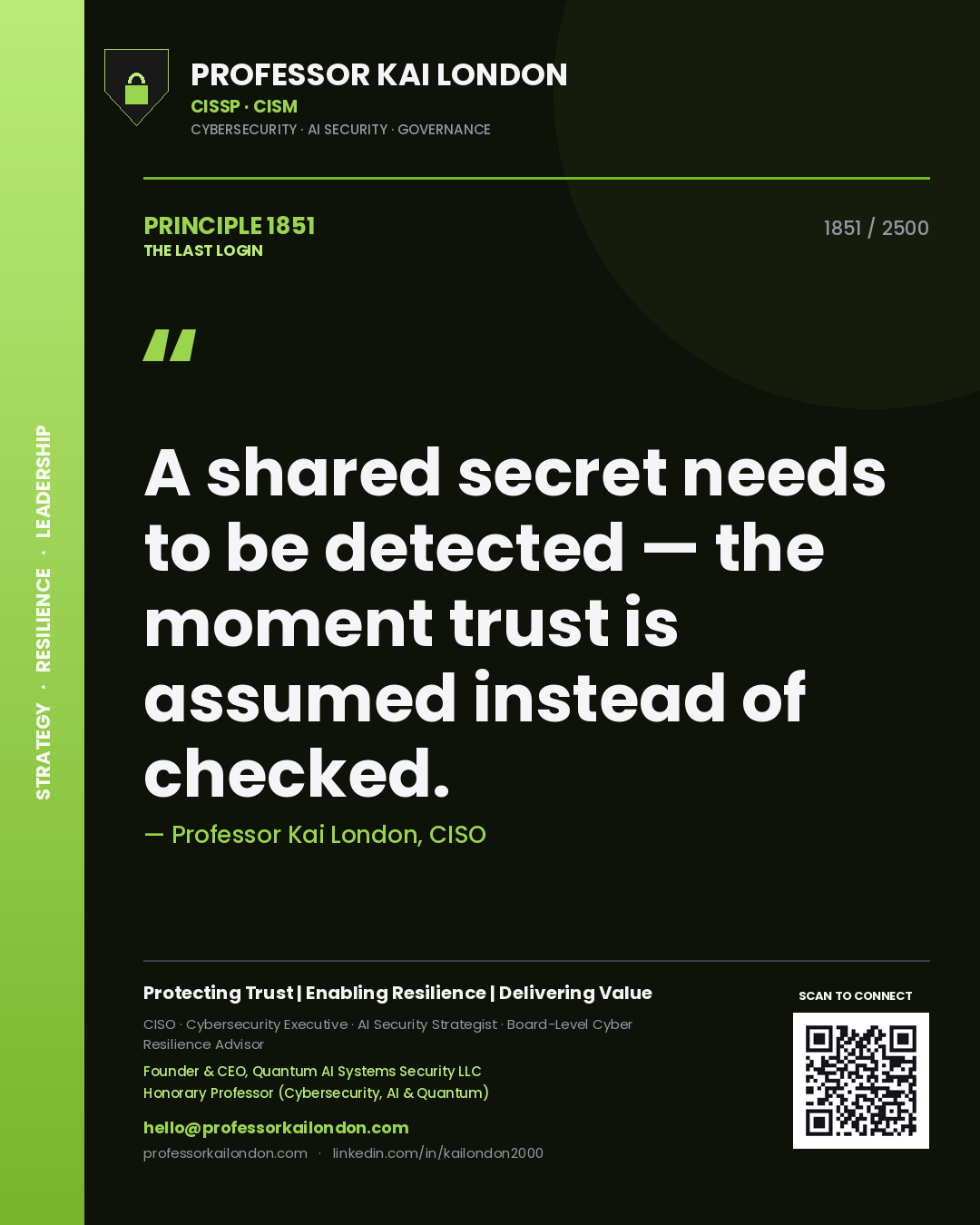 Quote card by Professor Kai London reading 'A shared secret needs to be detected — the moment trust is assumed instead of checked.'. From the book The Last Login.