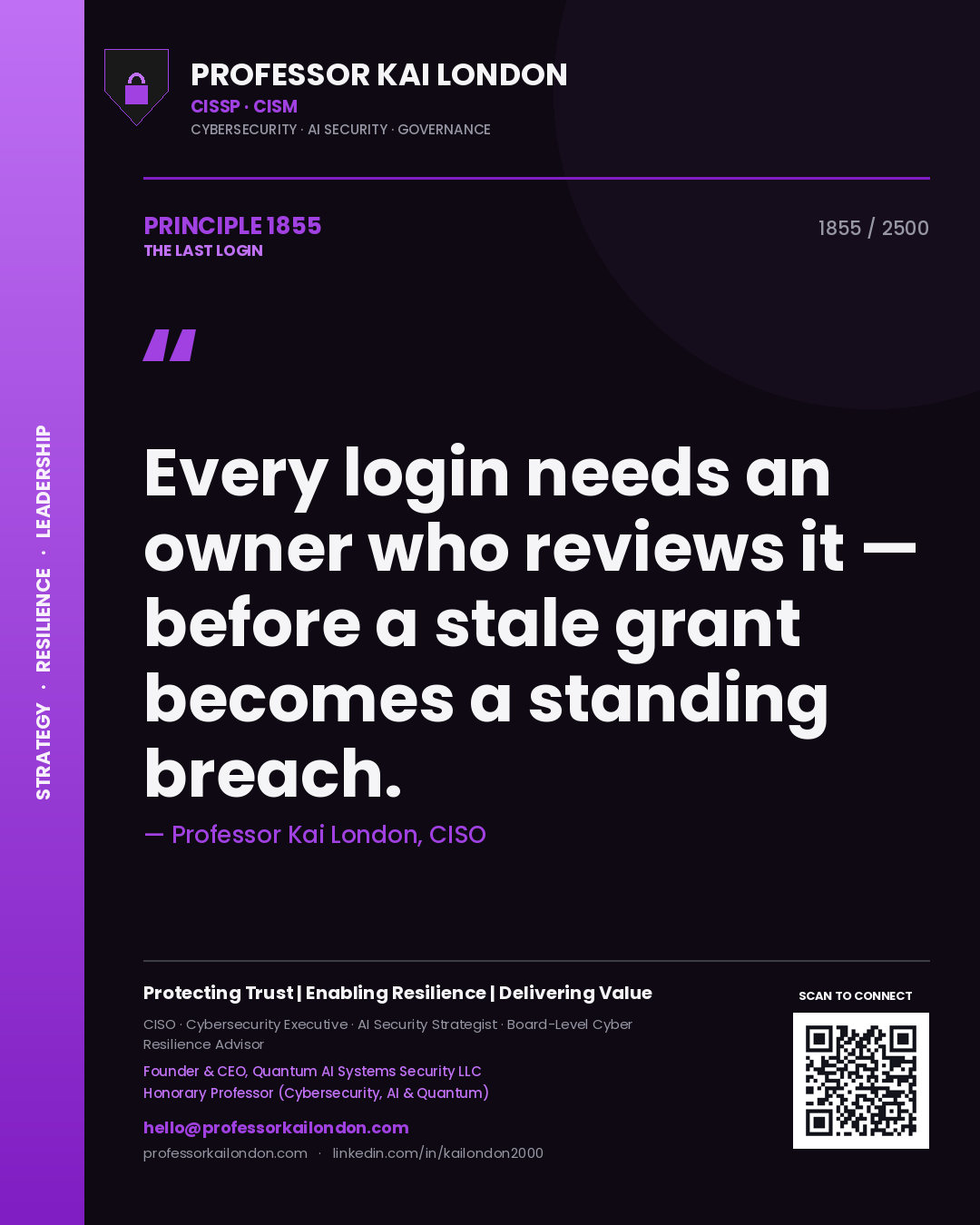 Quote card by Professor Kai London reading 'Every login needs an owner who reviews it — before a stale grant becomes a standing breach.'. From the book The Last Login.