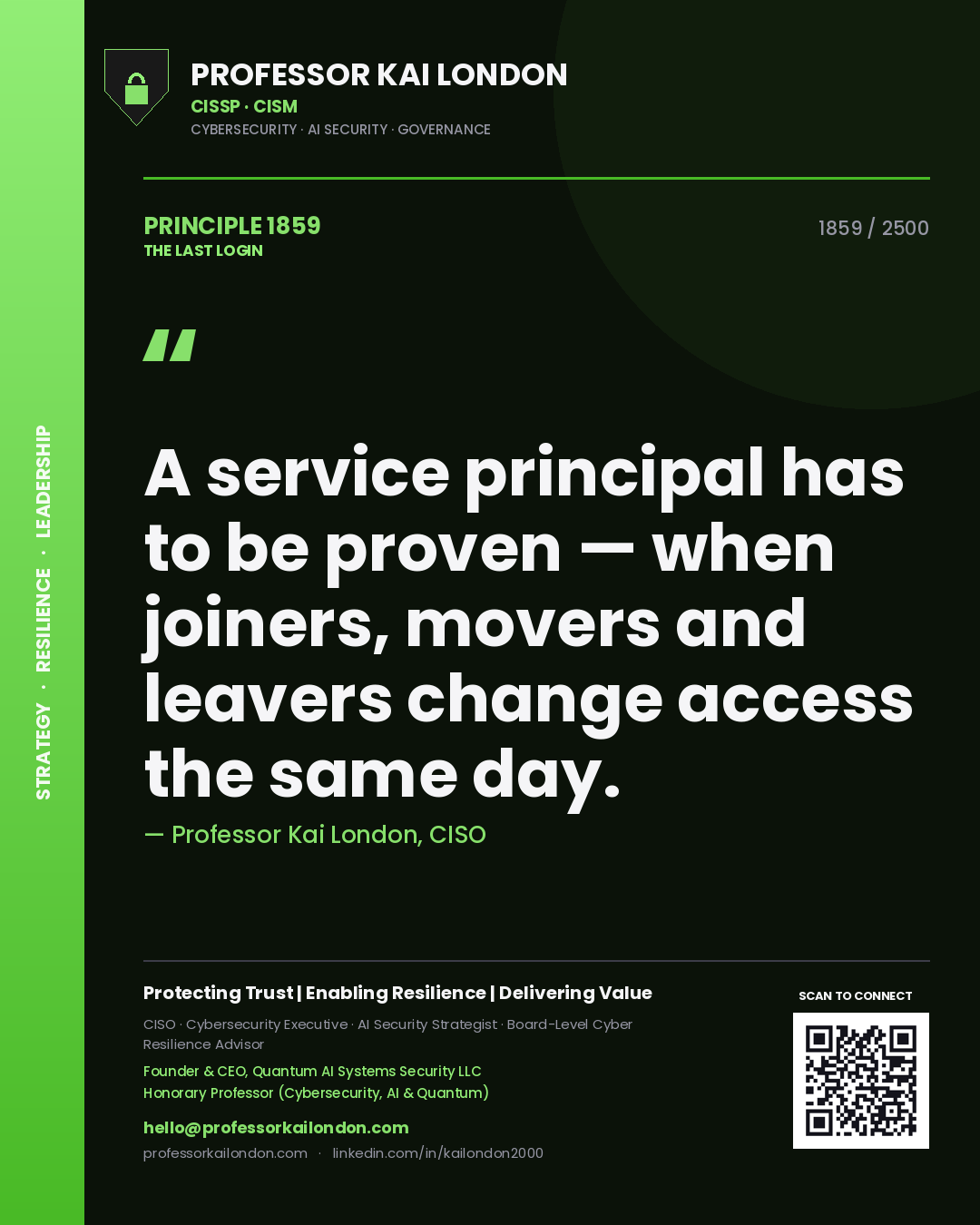 Quote card by Professor Kai London reading 'A service principal has to be proven — when joiners, movers and leavers change access the same day.'. From the book The Last Login.
