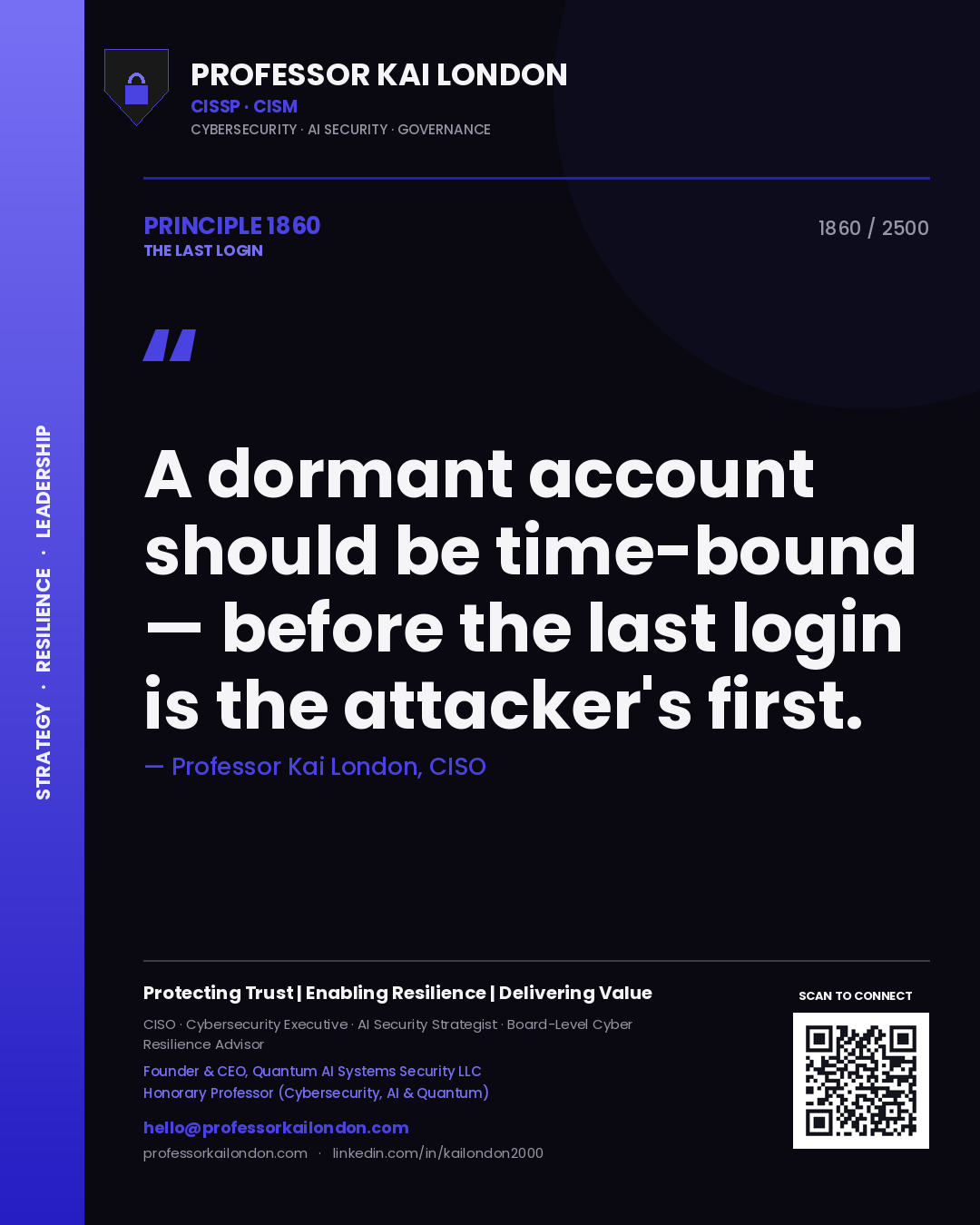 Quote card by Professor Kai London reading 'A dormant account should be time-bound — before the last login is the attacker's first.'. From the book The Last Login.