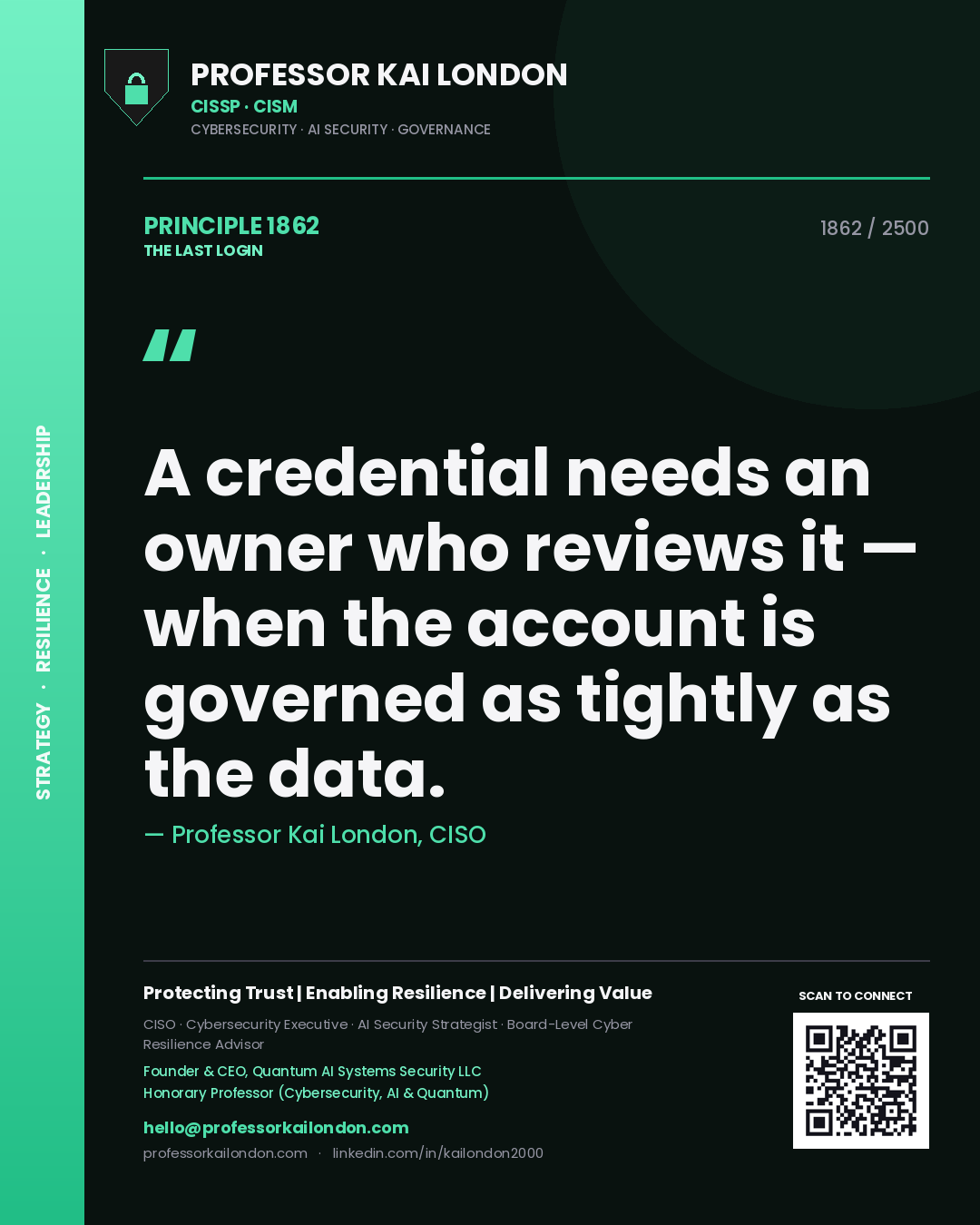 Quote card by Professor Kai London reading 'A credential needs an owner who reviews it — when the account is governed as tightly as the data.'. From the book The Last Login.