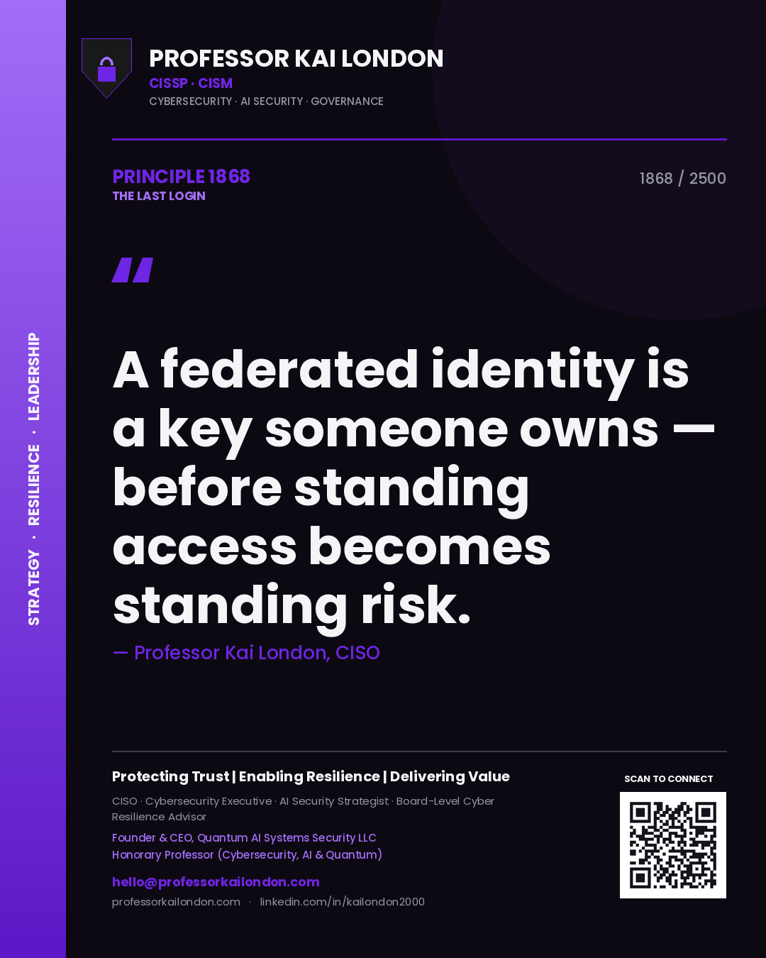 Quote card by Professor Kai London reading 'A federated identity is a key someone owns — before standing access becomes standing risk.'. From the book The Last Login.