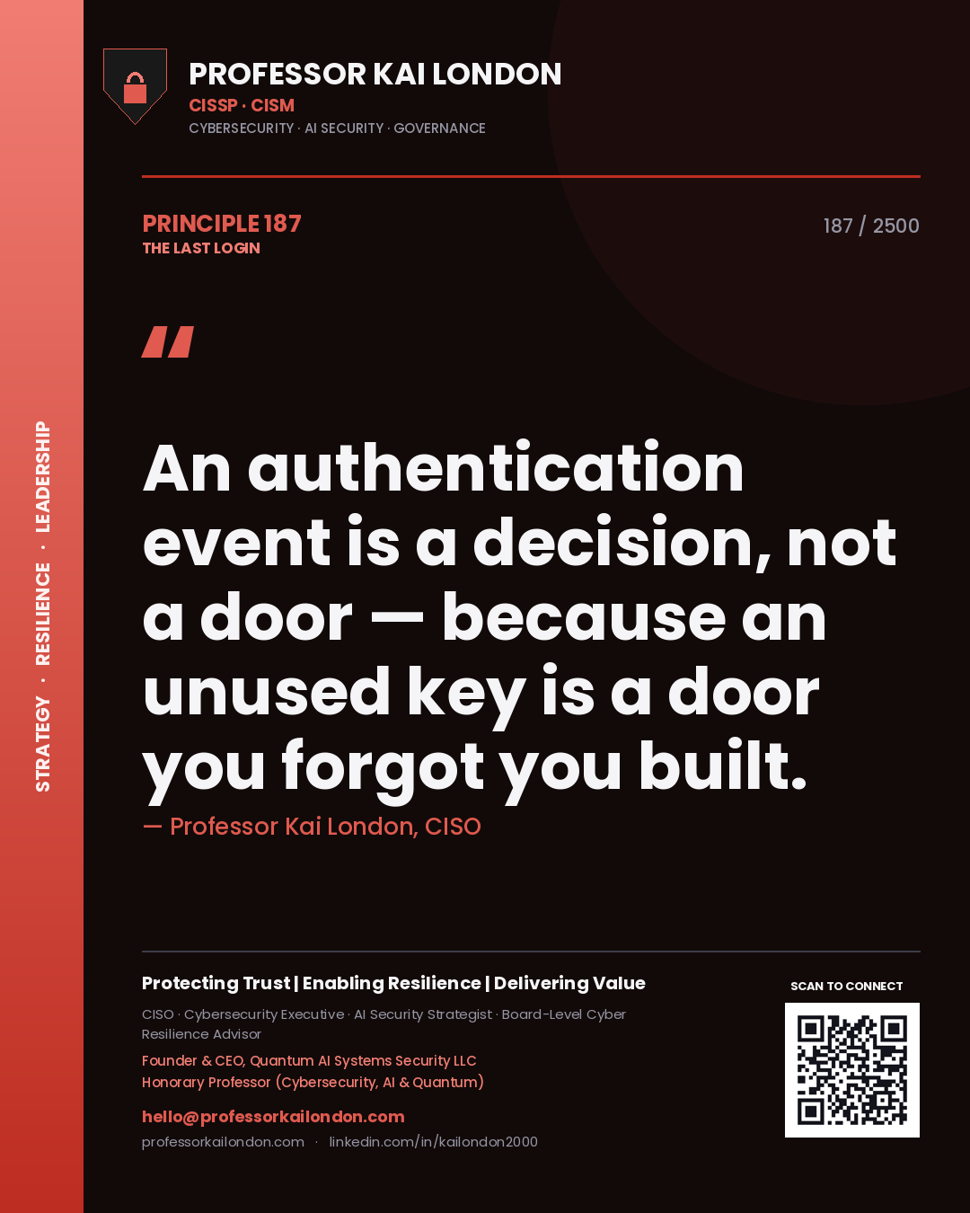 Professor Kai London principle 187: An authentication event is a decision, not a door — because an unused key is a door you forgot you built.