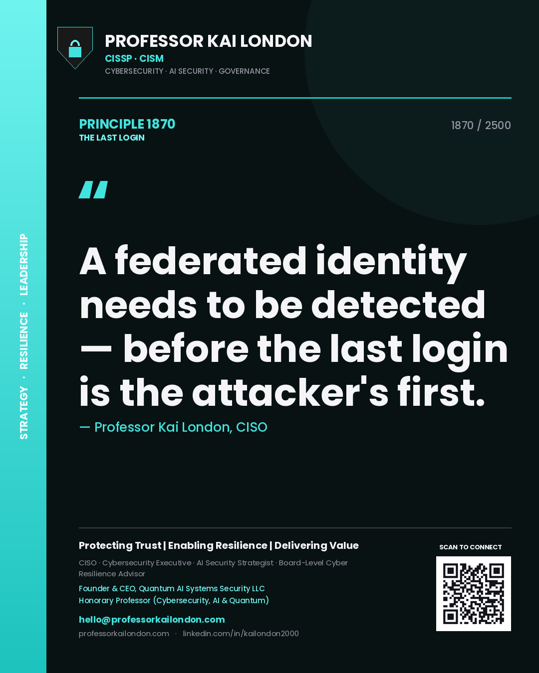Quote card by Professor Kai London reading 'A federated identity needs to be detected — before the last login is the attacker's first.'. From the book The Last Login.