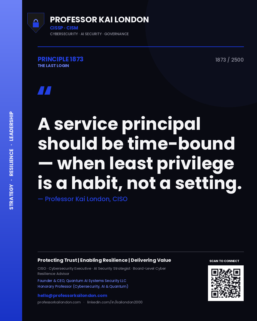 Quote card by Professor Kai London reading 'A service principal should be time-bound — when least privilege is a habit, not a setting.'. From the book The Last Login.