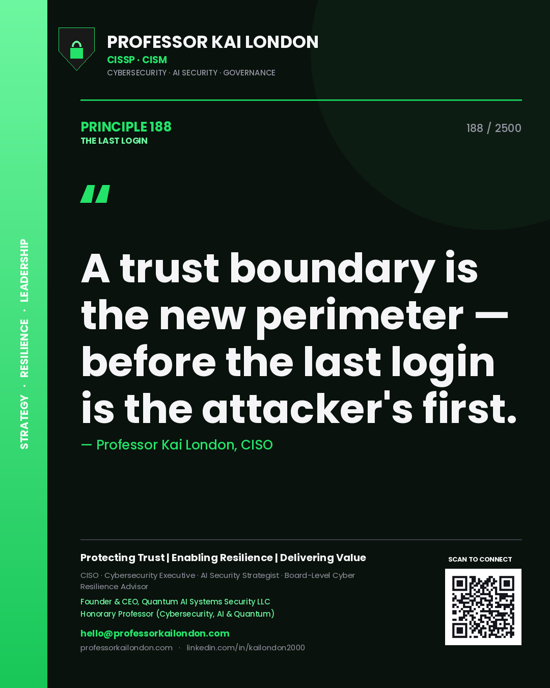 Quote card by Professor Kai London reading 'A trust boundary is the new perimeter — before the last login is the attacker's first.'. From the book The Last Login.