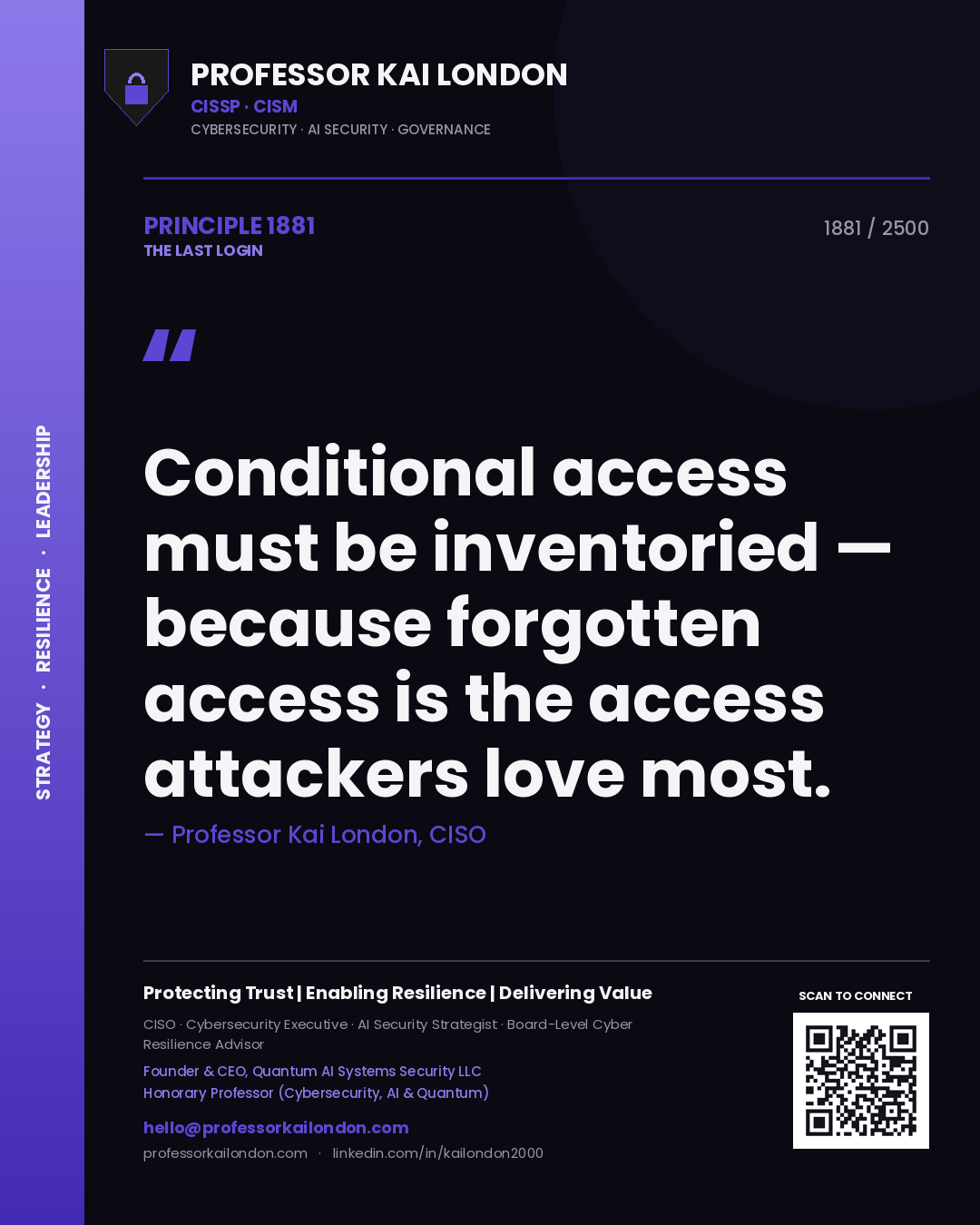 Quote card by Professor Kai London reading 'Conditional access must be inventoried — because forgotten access is the access attackers love most.'. From the book The Last Login.