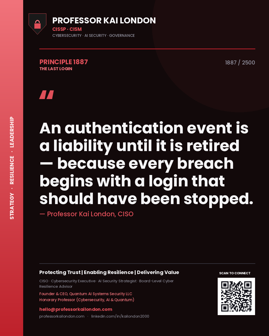 Quote card by Professor Kai London reading 'An authentication event is a liability until it is retired — because every breach begins with a login that should have been stopped.'. From the book The Last Login.
