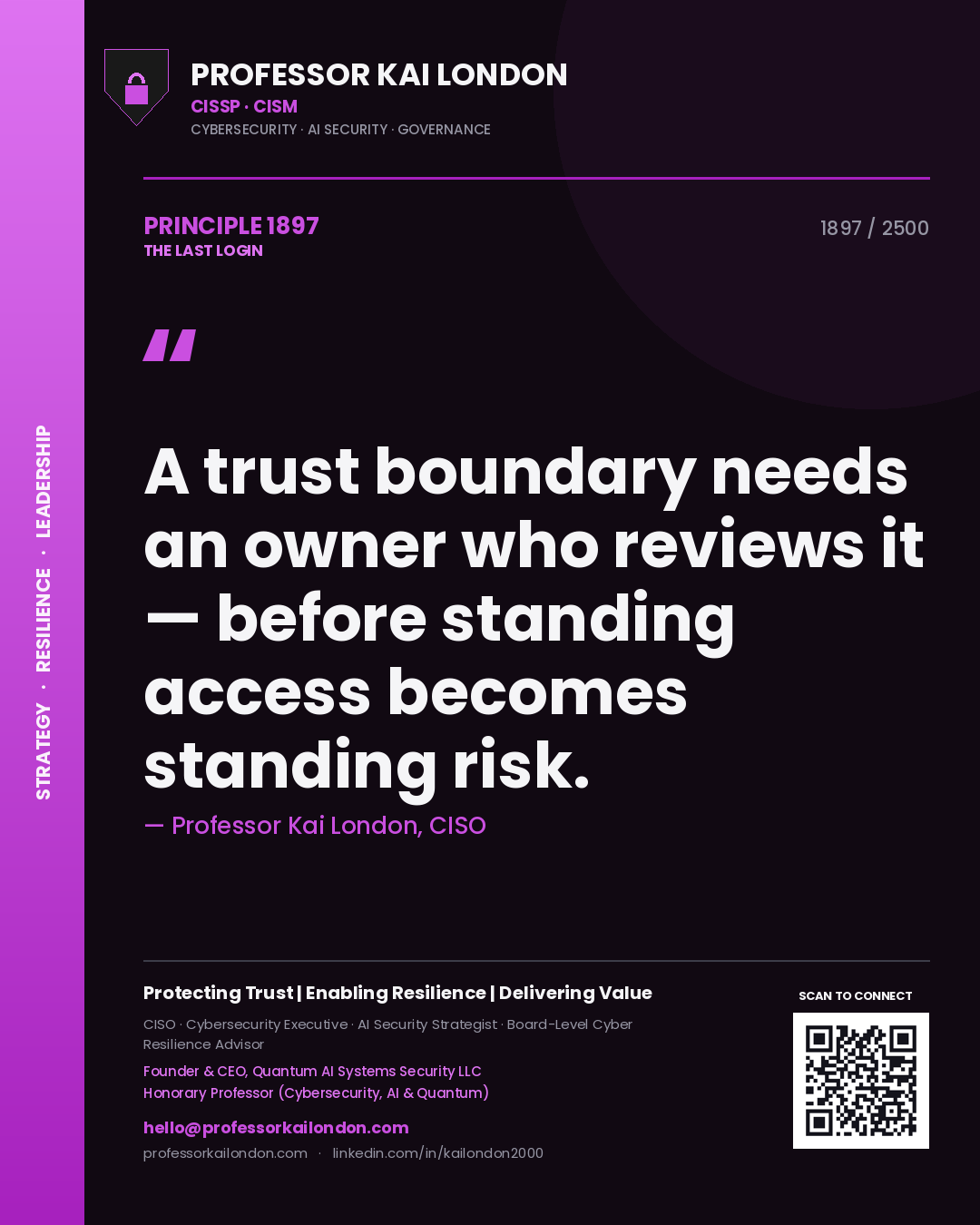 Quote card by Professor Kai London reading 'A trust boundary needs an owner who reviews it — before standing access becomes standing risk.'. From the book The Last Login.