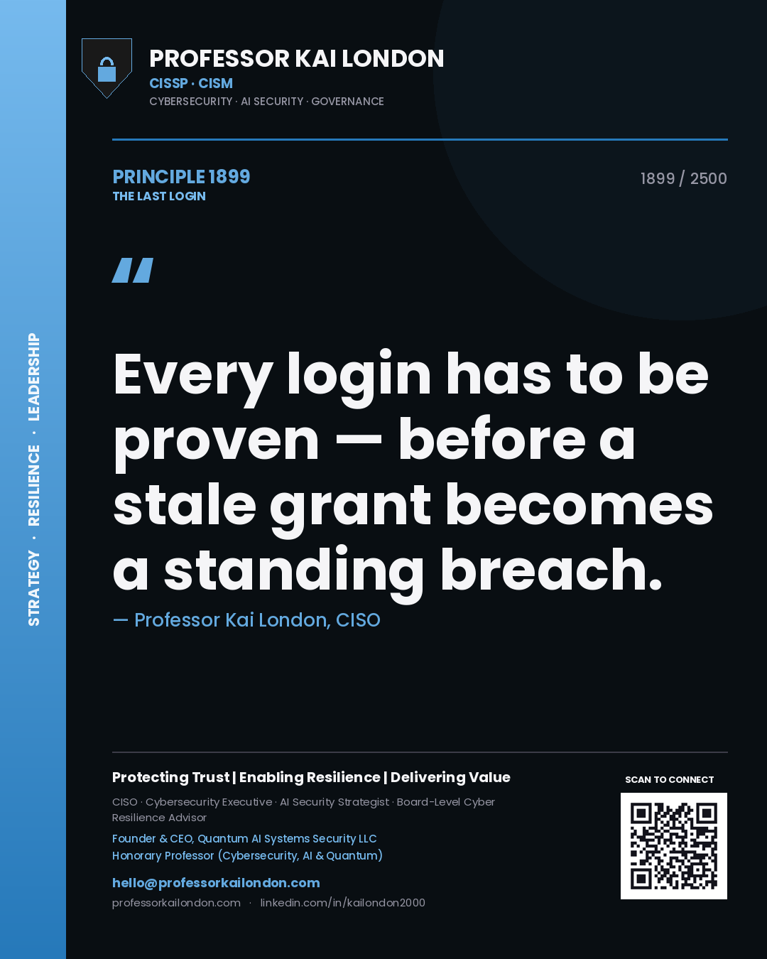 Quote card by Professor Kai London reading 'Every login has to be proven — before a stale grant becomes a standing breach.'. From the book The Last Login.