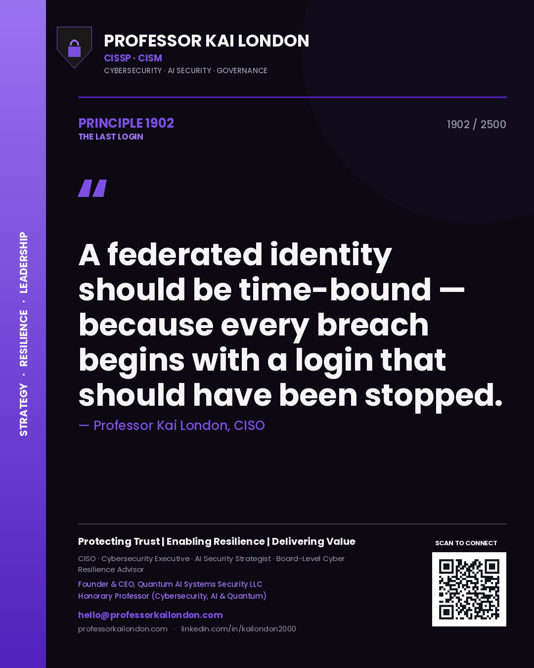 Professor Kai London principle 1902: A federated identity should be time-bound — because every breach begins with a login that should have been stopped.