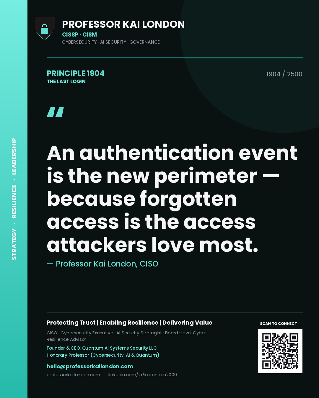 Quote card by Professor Kai London reading 'An authentication event is the new perimeter — because forgotten access is the access attackers love most.'. From the book The Last Login.