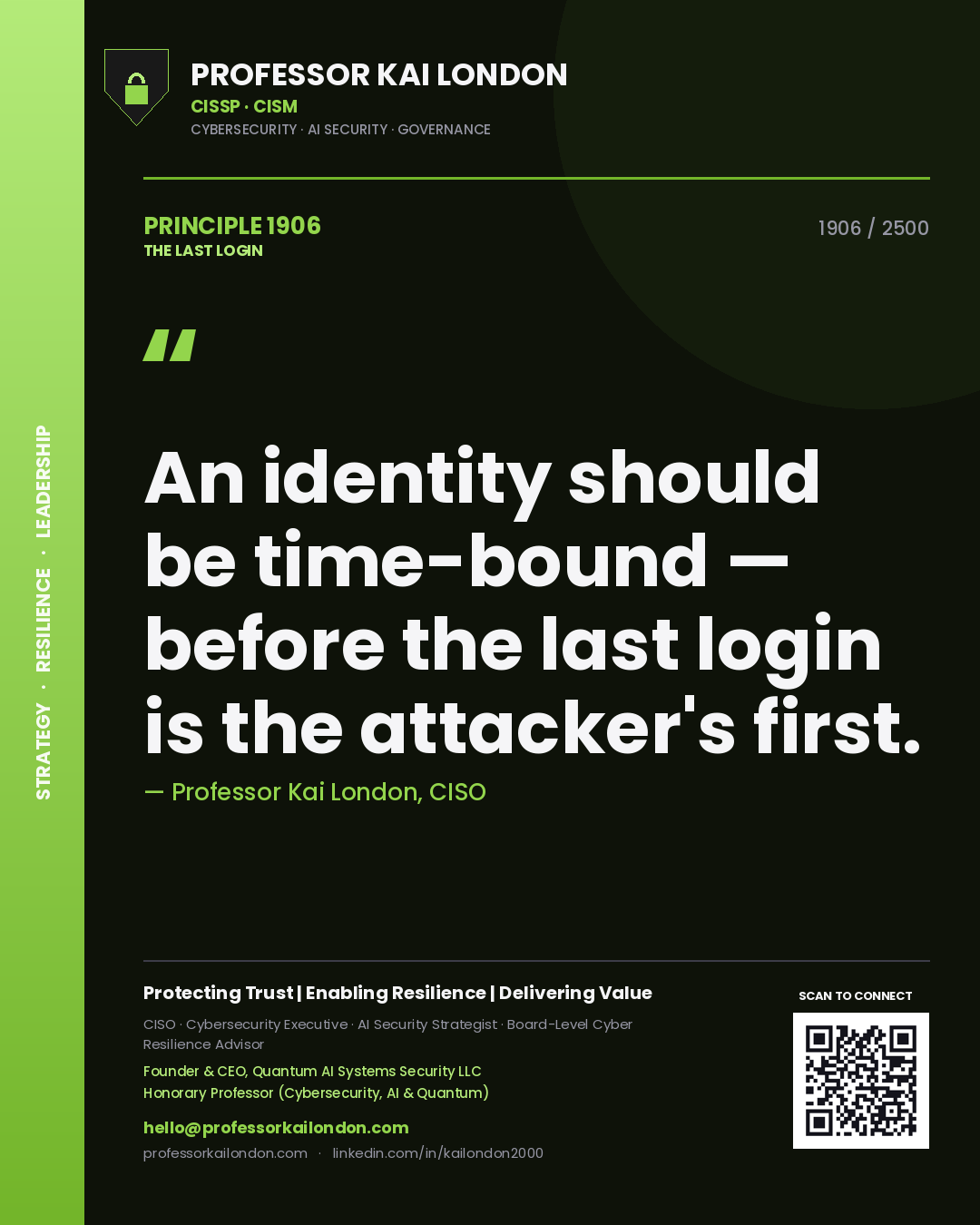 Quote card by Professor Kai London reading 'An identity should be time-bound — before the last login is the attacker's first.'. From the book The Last Login.