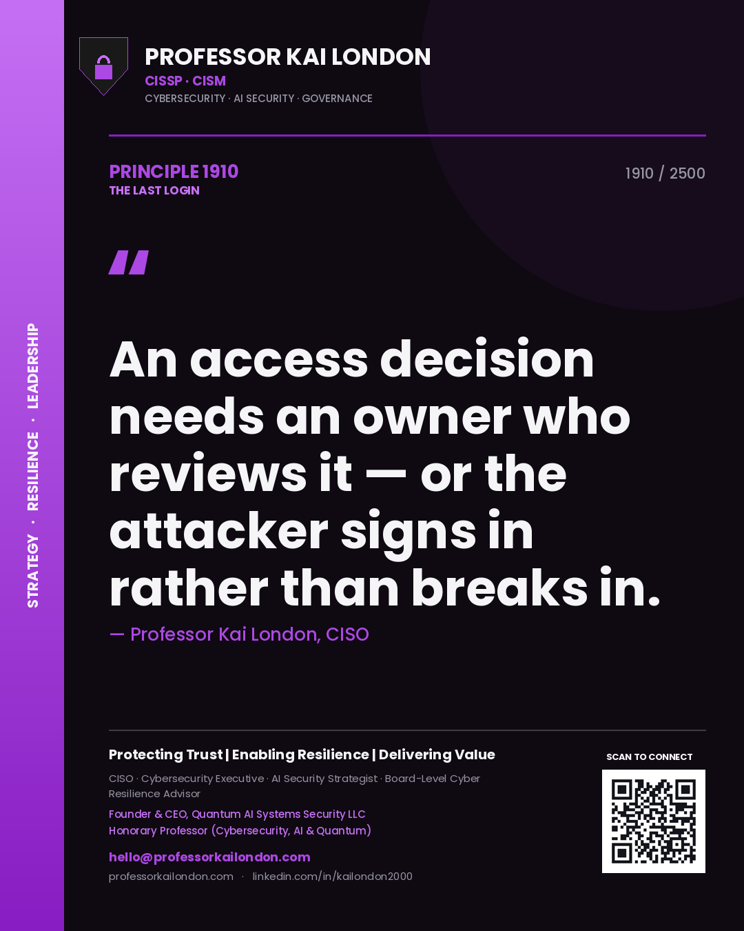 Quote card by Professor Kai London reading 'An access decision needs an owner who reviews it — or the attacker signs in rather than breaks in.'. From the book The Last Login.