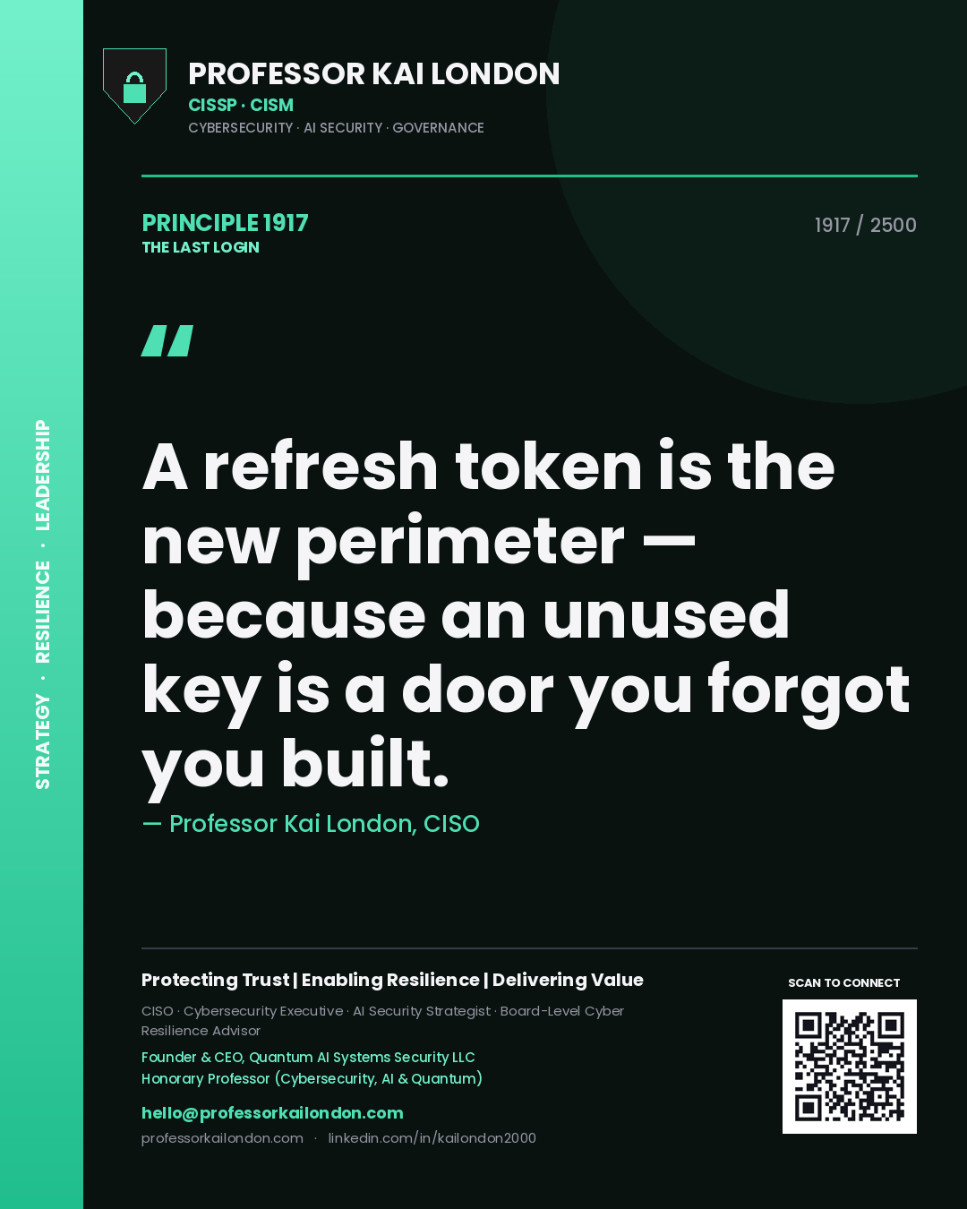 Quote card by Professor Kai London reading 'A refresh token is the new perimeter — because an unused key is a door you forgot you built.'. From the book The Last Login.