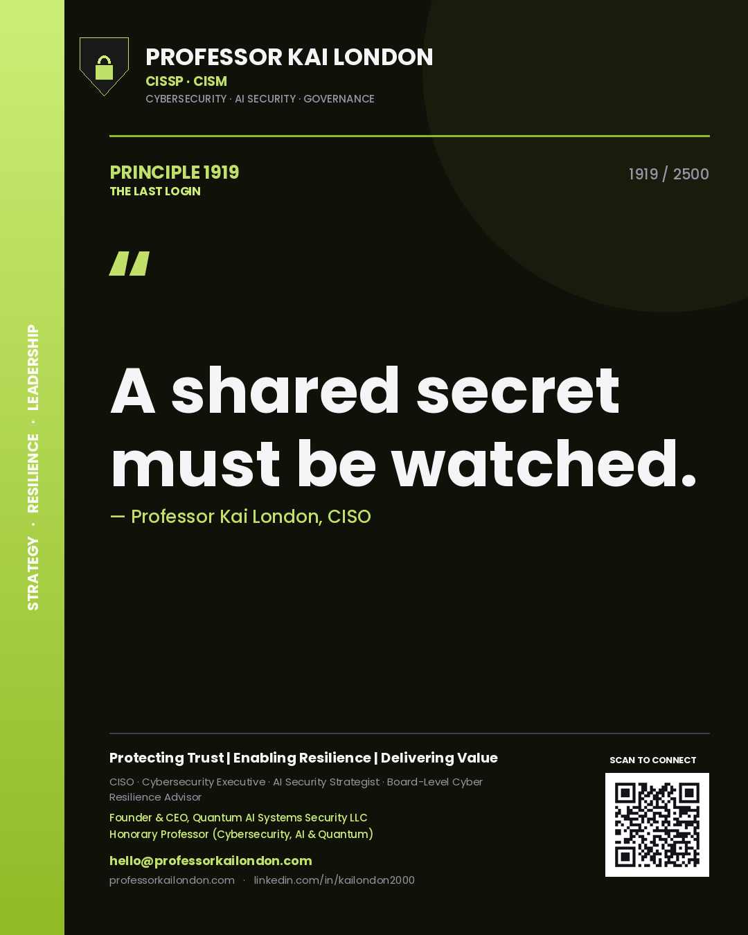 Quote card by Professor Kai London reading 'A shared secret must be watched.'. From the book The Last Login.