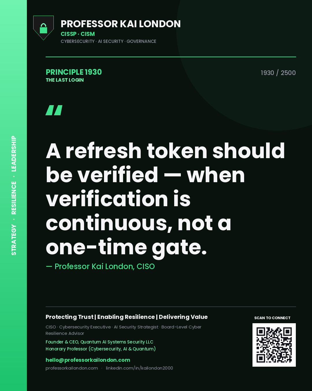 Quote card by Professor Kai London reading 'A refresh token should be verified — when verification is continuous, not a one-time gate.'. From the book The Last Login.