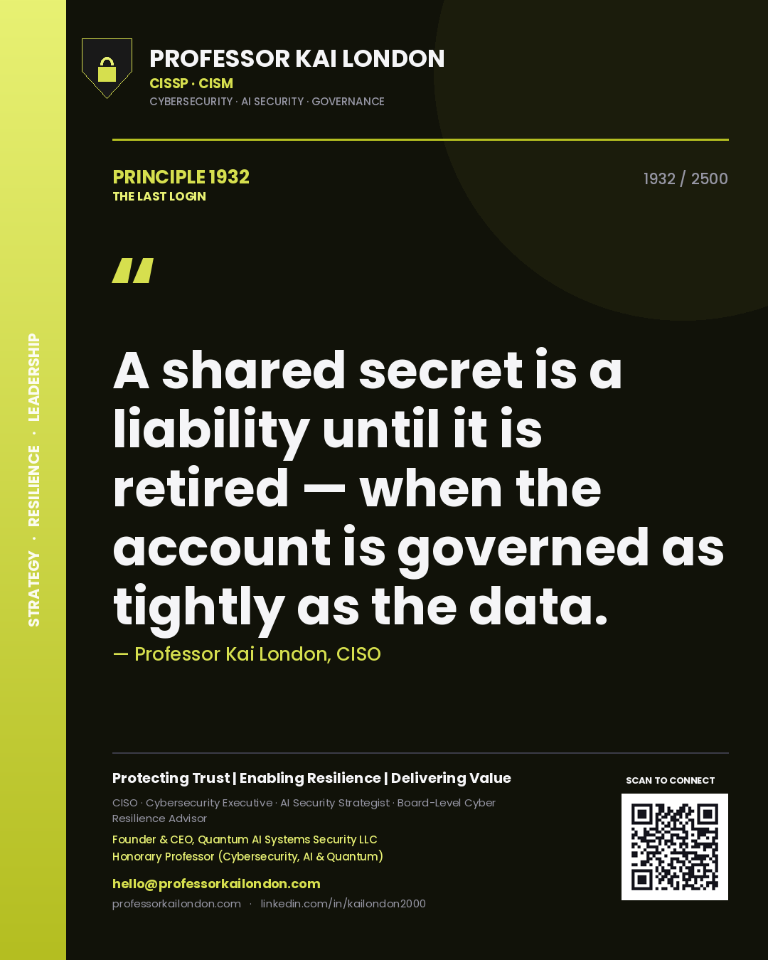 Quote card by Professor Kai London reading 'A shared secret is a liability until it is retired — when the account is governed as tightly as the data.'. From the book The Last Login.