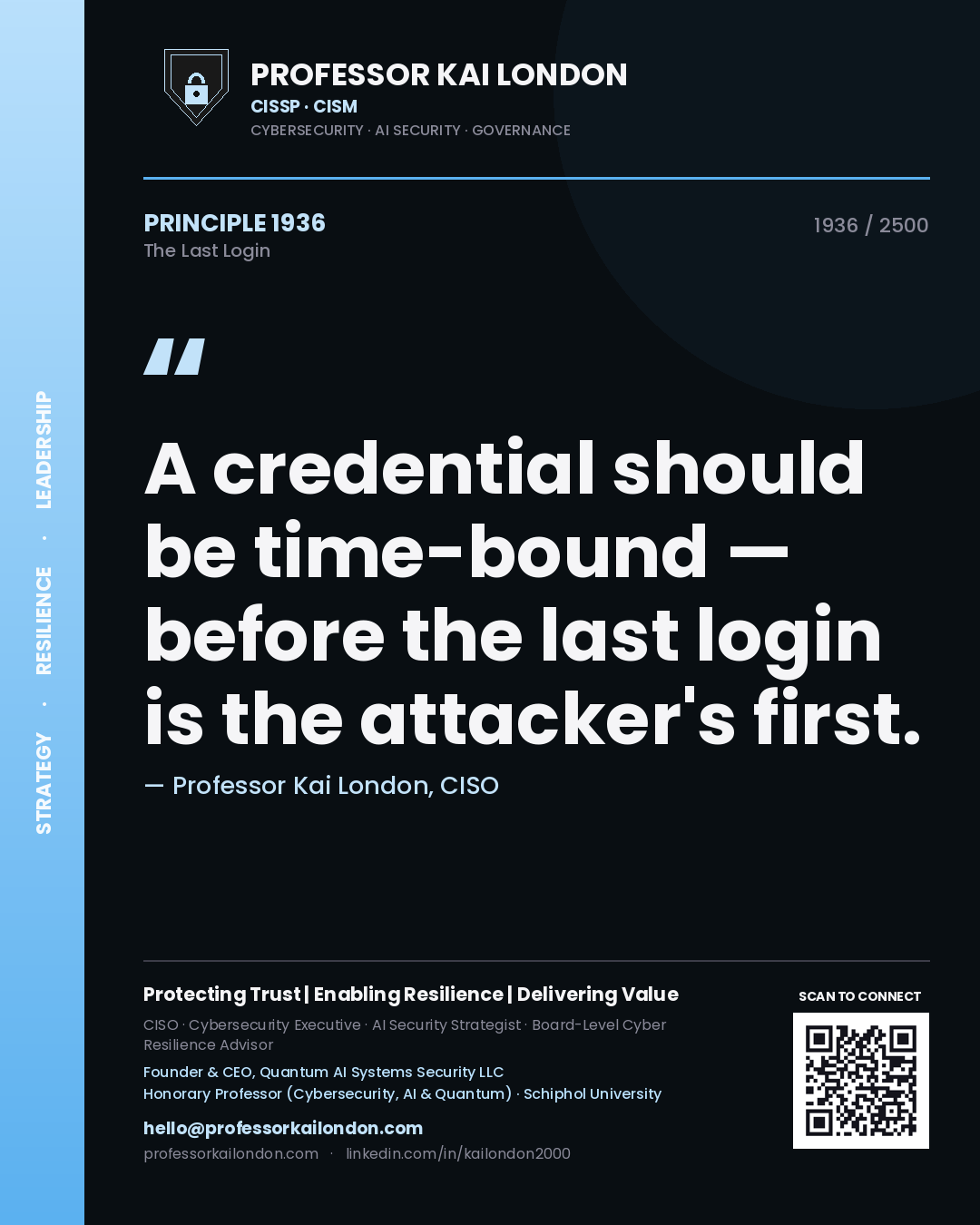 Quote card by Professor Kai London reading 'A credential should be time-bound — before the last login is the attacker's first.'. From the book The Last Login.