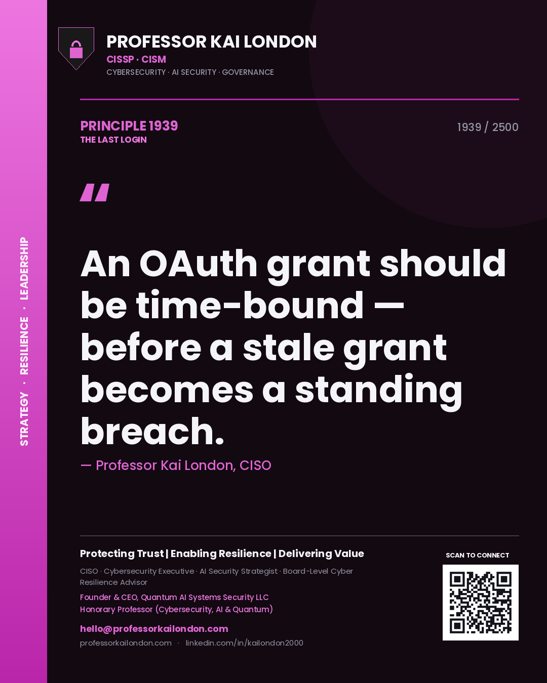 Quote card by Professor Kai London reading 'An OAuth grant should be time-bound — before a stale grant becomes a standing breach.'. From the book The Last Login.