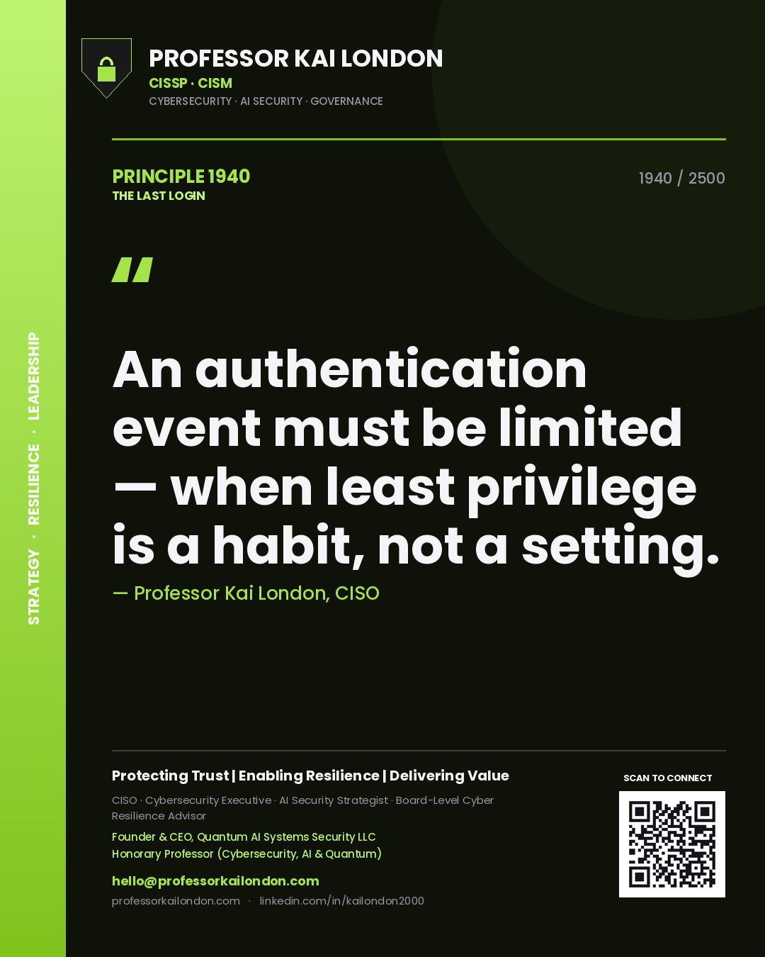 Quote card by Professor Kai London reading 'An authentication event must be limited — when least privilege is a habit, not a setting.'. From the book The Last Login.