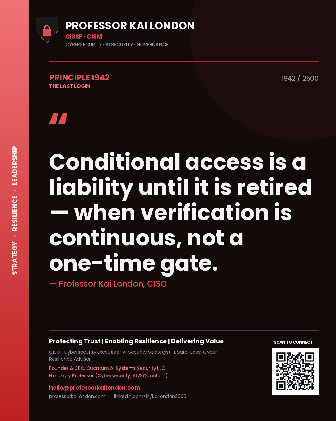 Quote card by Professor Kai London reading 'Conditional access is a liability until it is retired — when verification is continuous, not a one-time gate.'. From the book The Last Login.