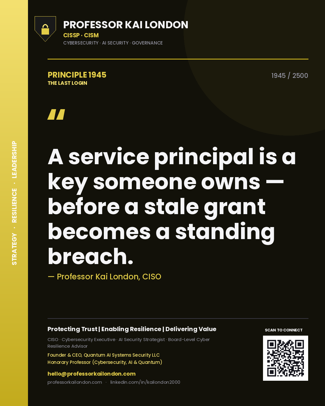 Quote card by Professor Kai London reading 'A service principal is a key someone owns — before a stale grant becomes a standing breach.'. From the book The Last Login.
