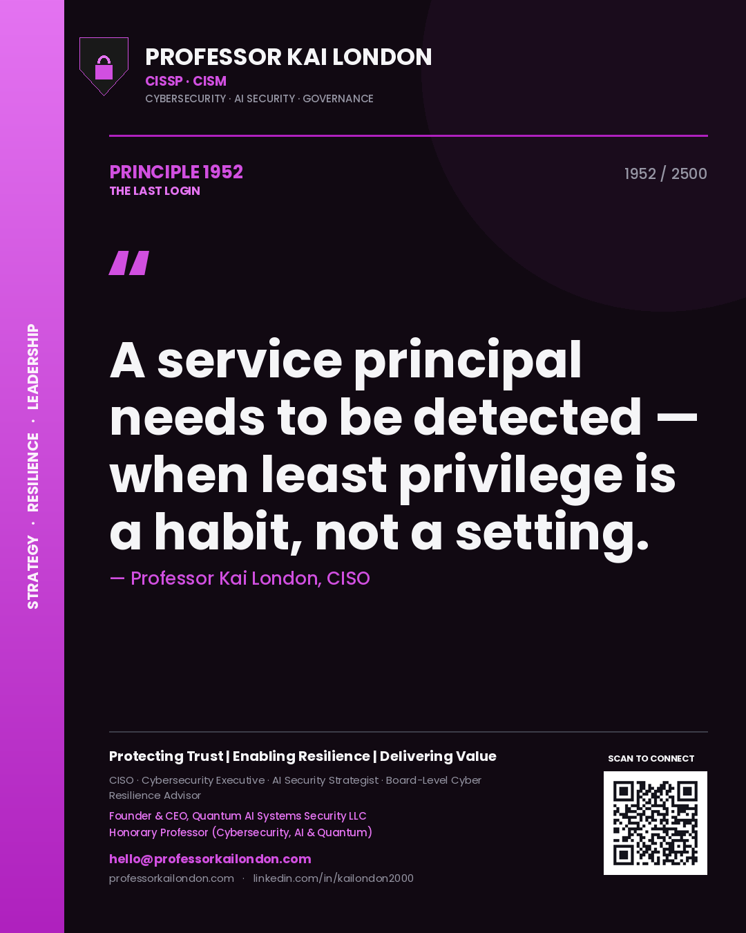 Quote card by Professor Kai London reading 'A service principal needs to be detected — when least privilege is a habit, not a setting.'. From the book The Last Login.